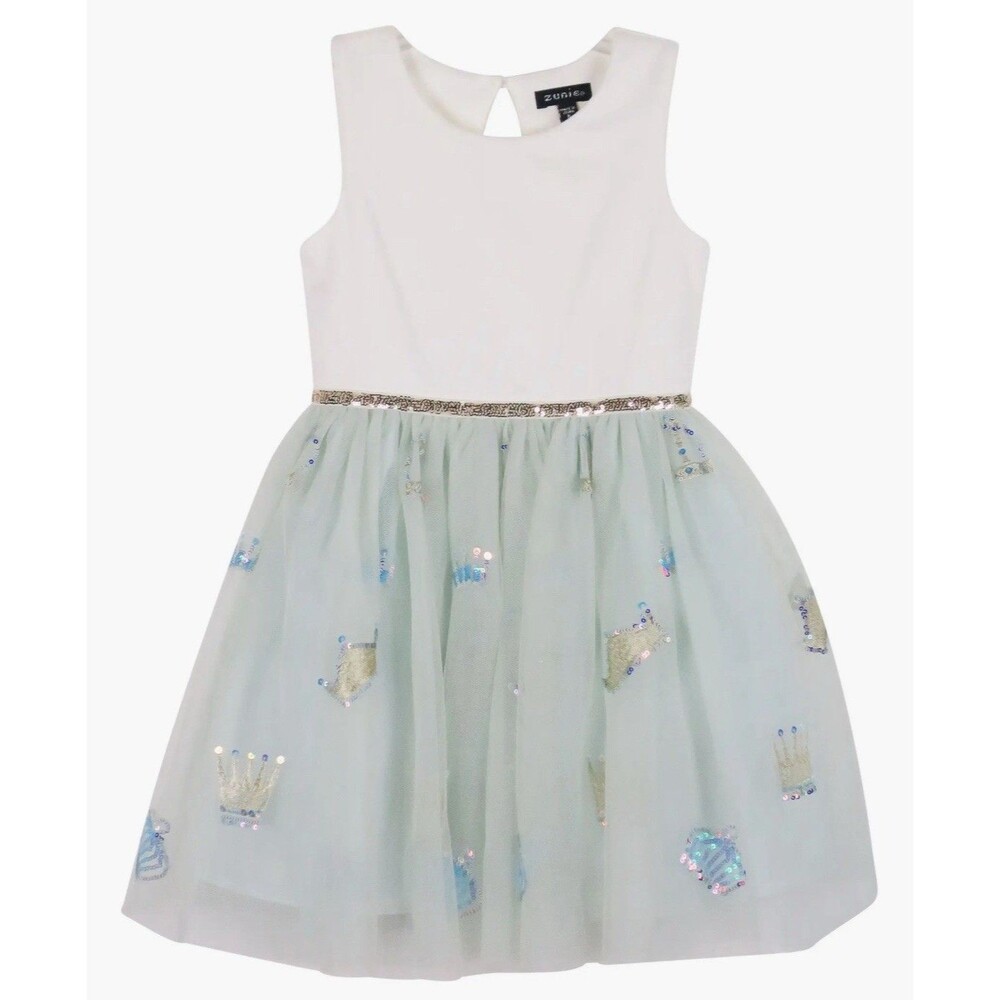 Zunie Girls Crown Sequin Sleeveless Tulle Dress In Cream & Mint Green Sz 6 New